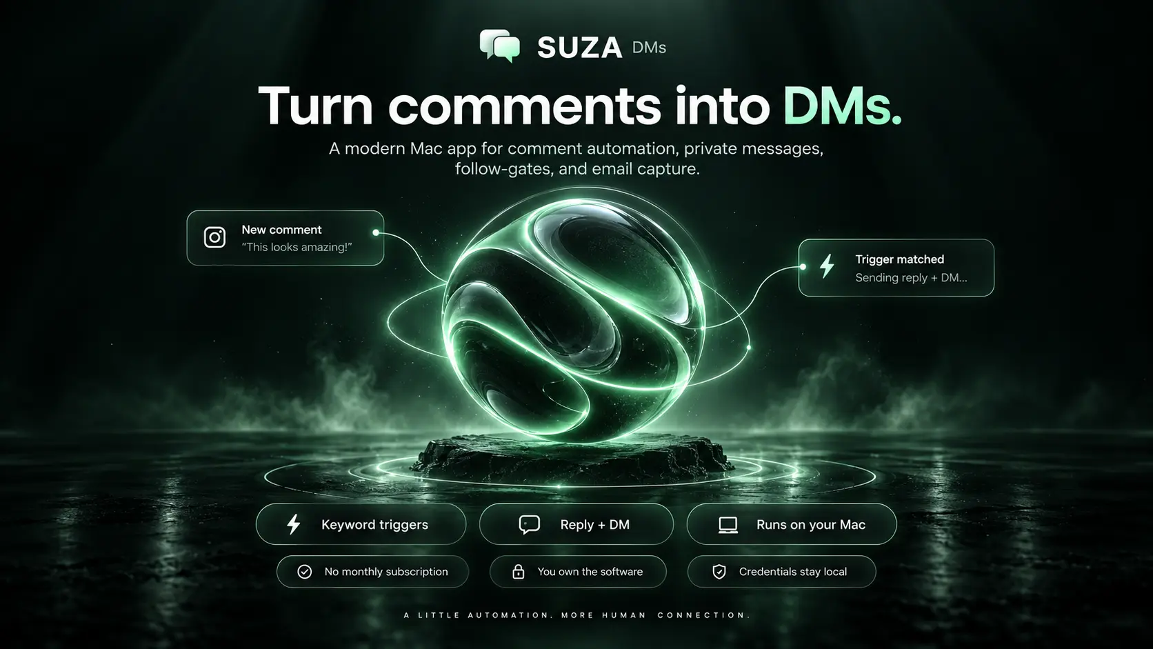 SUZA DMs Mac app banner illustrating Instagram keyword triggers, public replies and automated private messages
